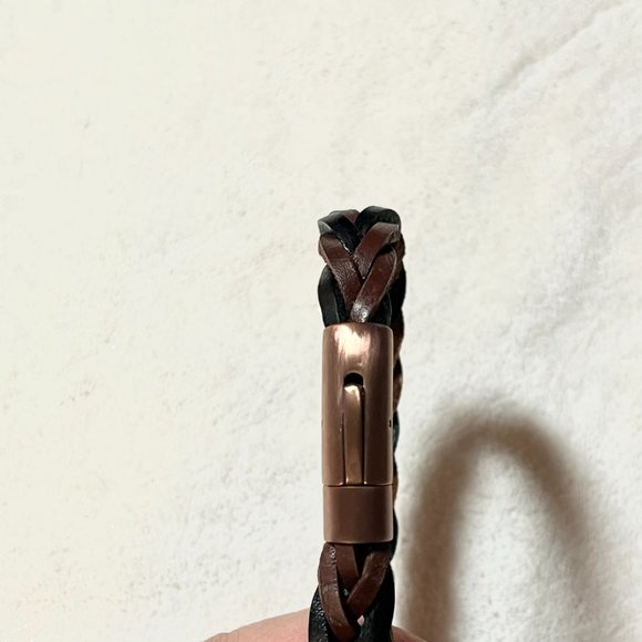 Men's Black and Brown Braided Leather with Rose Gold Clasp Bracelet - NIP - Picture 6 of 9